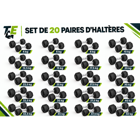 Set d'haltère hexagonal 20 paires de 4 à 50 kg